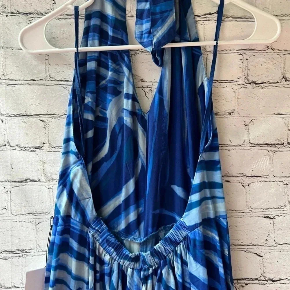 Bella Dahl Blue Palm Open Back Halter Jumpsuit Size Medium Brand New - Picture 9 of 13